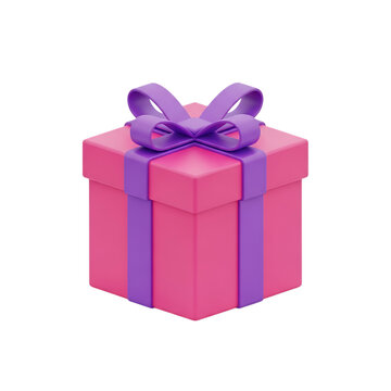 Pink 3d gift box with purple ribbon and bow isolated on transparent background