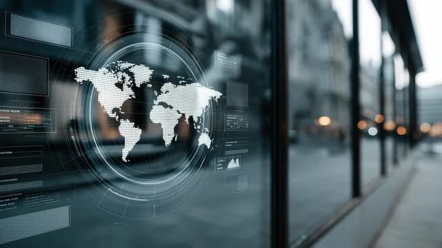 Digital world map hologram overlay urban glass visualization data