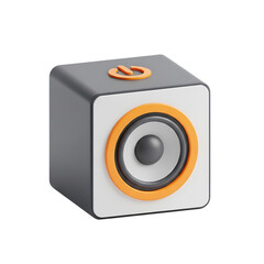 Modern 3d compact cube speaker with orange accents isolated on transparent background