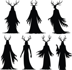 Antlered humanoid silhouette set, fantasy folklore character vector, eerie black design, robed mystical figures, supernatural pose illustration, dark aesthetic pack