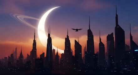 Retro Futurism City Skyline Silhouette: 80s Cyberpunk Vector Art with Drone and Sci-Fi Moon. Black and White Architecture.
