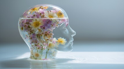A transparent, water-filled head sculpture featuring a beautiful arrangement of colorful flowers inside, symbolizing clarity, nature, and mental well-being.