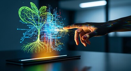 Digital sustainability concept: hand touching circuit board growth hologram on tablet screen.