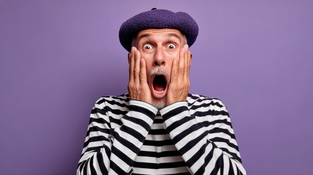 Surprised Man with Striped Shirt and Purple Beret Expressing Shock