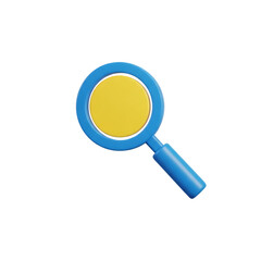 Bright blue 3d magnifying glass with yellow lens isolated on transparent background
