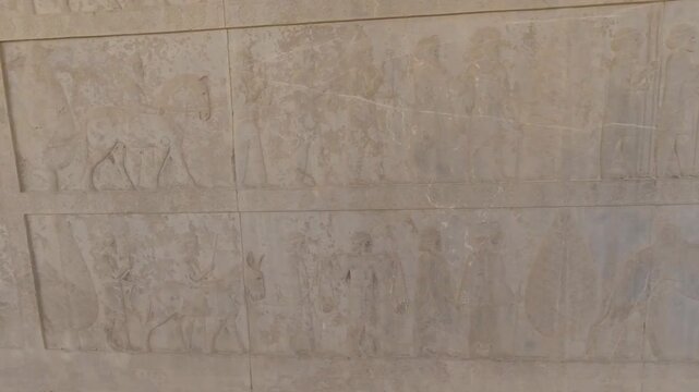 Smooth tracking across Persepolis stone reliefs, showing tribute bearers, an ox with handlers, a chariot and royal attendants in procession&mdash;Achaemenid stonework captured in motion.