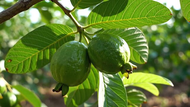 Two green guavas hanging from a tree branch in a lush garden.