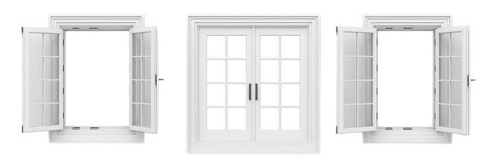 Three White Window Frames with Open and Closed French Doors on a Black Background