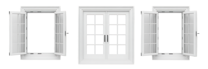 Three White Window Frames with Open and Closed French Doors on a Black Background