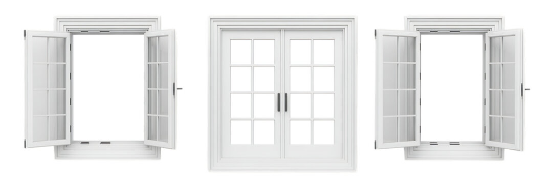 Three White Window Frames with Open and Closed French Doors on a Black Background