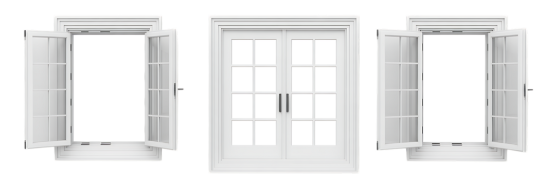Three White Window Frames with Open and Closed French Doors on a Black Background