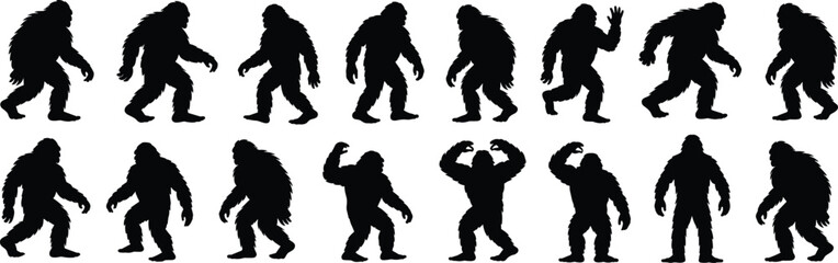 Bigfoot silhouette icon set, Sasquatch walking poses, cryptid character design, black and white grid, mysterious creature movement, folklore visual, cryptozoology