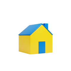 Bright yellow 3d house with blue roof and door isolated on transparent background