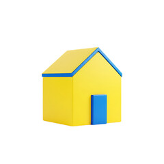 Simple yellow 3d house with blue door and roof isolated on transparent background
