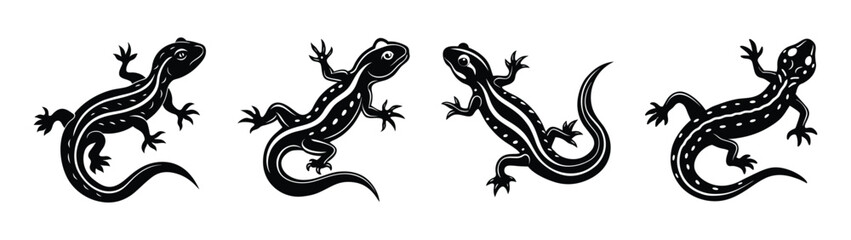 Naklejka premium Four black and white lizard vector illustration reptile gecko salamander animal design graphic art tattoo style drawing