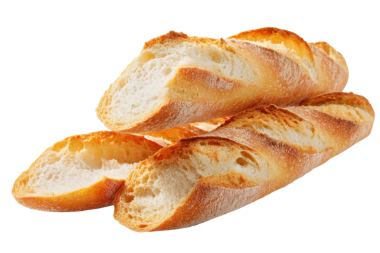 Three golden brown crusty baguette bread loaves cut and sliced on black loaf, Isolated On Transparent Background, Png Cut Out