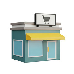 Cartoon 3d storefront building with shopping cart sign isolated on transparent background