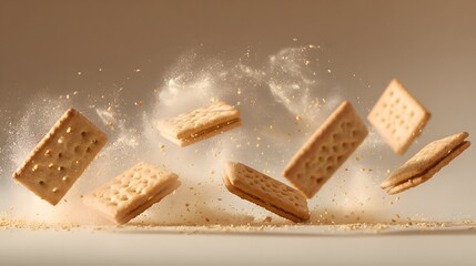 Fototapeta premium Multiple rectangular cream-filled biscuits explode midair showering fine crumbs