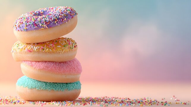 Stack of four colorful frosted confectionery items placed vertically against a soft gradient backdrop