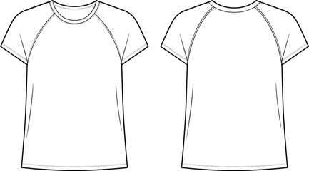 Raglan sleeve T-shirt front and back view, diagonal seam garment sketch, fashion flat drawing, clothing vector outline, cad drawing flat vector illustration