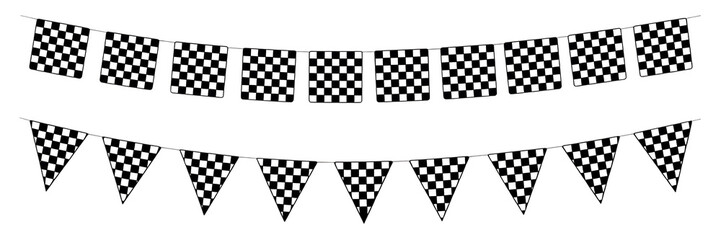 Two Rows of Black and White Checkered Bunting Flags on Black Background racing motorsport