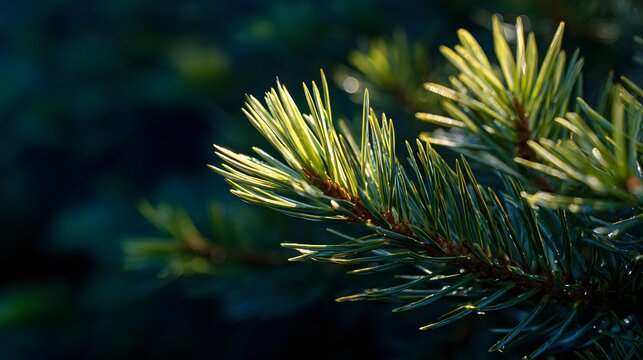 Evergreen tree branch tips illuminated by bright morning sunlight in