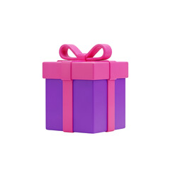A festive purple and pink 3d gift box with a ribbon isolated on transparent background