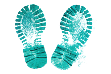 Two teal boot prints with textured soles on a black background footprint shoe, Isolated On Transparent Background, Png Cut Out