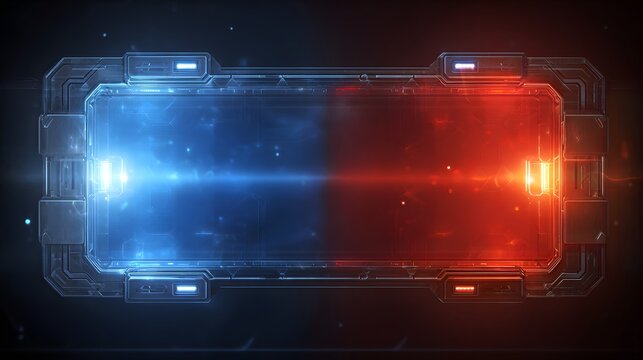 Futuristic digital interface frame displays contrasting blue and red energy fields