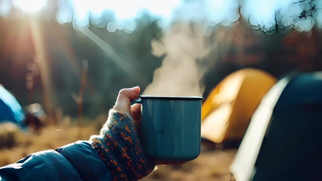 A persons hand holding a blue mug with steam rising from it, set against a backdrop of a forested area. The person is wearing a blue jacket and a knitted sweater with orange patterns.