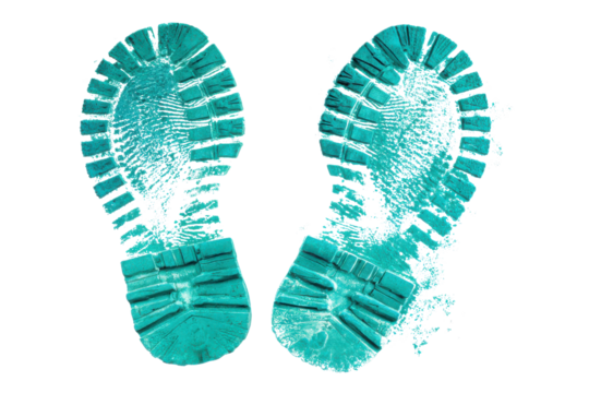 Two teal boot prints with textured soles on a black background footprint shoe, Isolated On Transparent Background, Png Cut Out