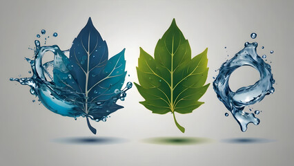 Abstract Concept of Nature and Water Elements Represented by Leaves and Splashing Water
