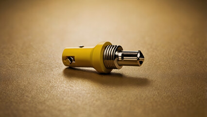 Yellow industrial sensor component with a metallic threaded tip, designed for precision measurement and robust functionality in advanced control systems, displayed against a textured backdrop