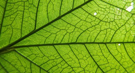 Obraz premium Close-up of vibrant green leaf showing intricate vein structure and natural details in high
