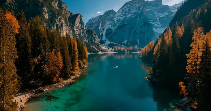 Lake Braies Dolomite Peaks Autumn UHD Alpine Tranquility