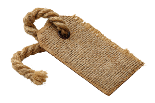 Burlap tag with thick rope loop and metal eyelet on black background jute twine, Isolated On Transparent Background, Png Cut Out - Powered by Adobe