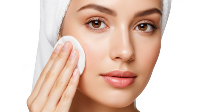 Young woman with towel applying cotton pad to face during skincare routine, closeup isolated on transparent background