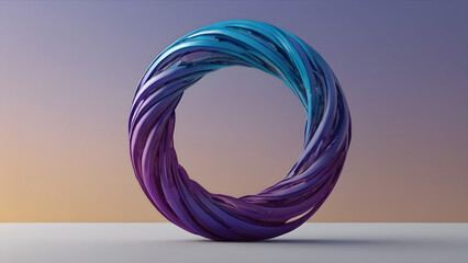 Abstract 3D rendering of a twisted torus with a vibrant metallic gradient of purple and blue, symbolizing infinity and modern digital art on a soft background