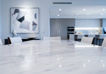 Luxurious polished white marble dining table surface in a sleek modern apartment