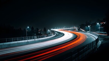 Streaks of light trace the path of vehicles along a curving elevated roadway at night
