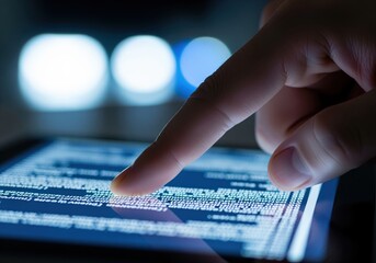 Finger touching glowing digital screen displaying complex blue data and code lines.