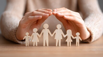 Protective hands hover over wooden figures representing a connected family unit on a tabletop