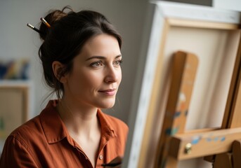 Creative woman artist contemplating her painting on an easel in a bright studio.