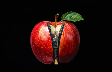 ein leckerer roter Apfel und gr&uuml;nem Blatt am Sil mit halb ge&ouml;ffnetem Rei&szlig;verschluss und Blick ins Innere mit Kern, fotorealistische Illustration auf schwarzem Hintergrund