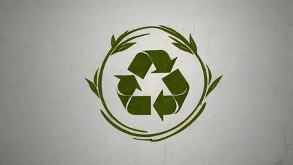 Recycling symbol enclosed in a circular green foliage design, representing sustainability and environmental care, on a textured background
