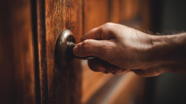 Human hand grips an old metallic doorknob on a richly textured wooden entrance