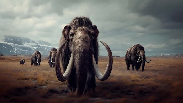 A vivid portrayal of a mammoth in a vast, arid landscape. The mammoth is depicted with a realistic yet slightly stylized appearance, showcasing its characteristic long tusks and thick fur.