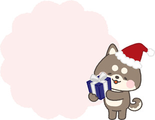 プレゼントを持つサンタ帽を被った黒柴と吹き出し