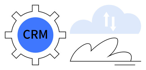 Blue gear labeled CRM beside a cloud with data sync arrows and line art. Ideal for business, technology, customer management, data transfer, teamwork, process automation, simple flat metaphor