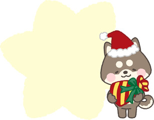 プレゼントを持つサンタ帽を被った黒柴と吹き出し